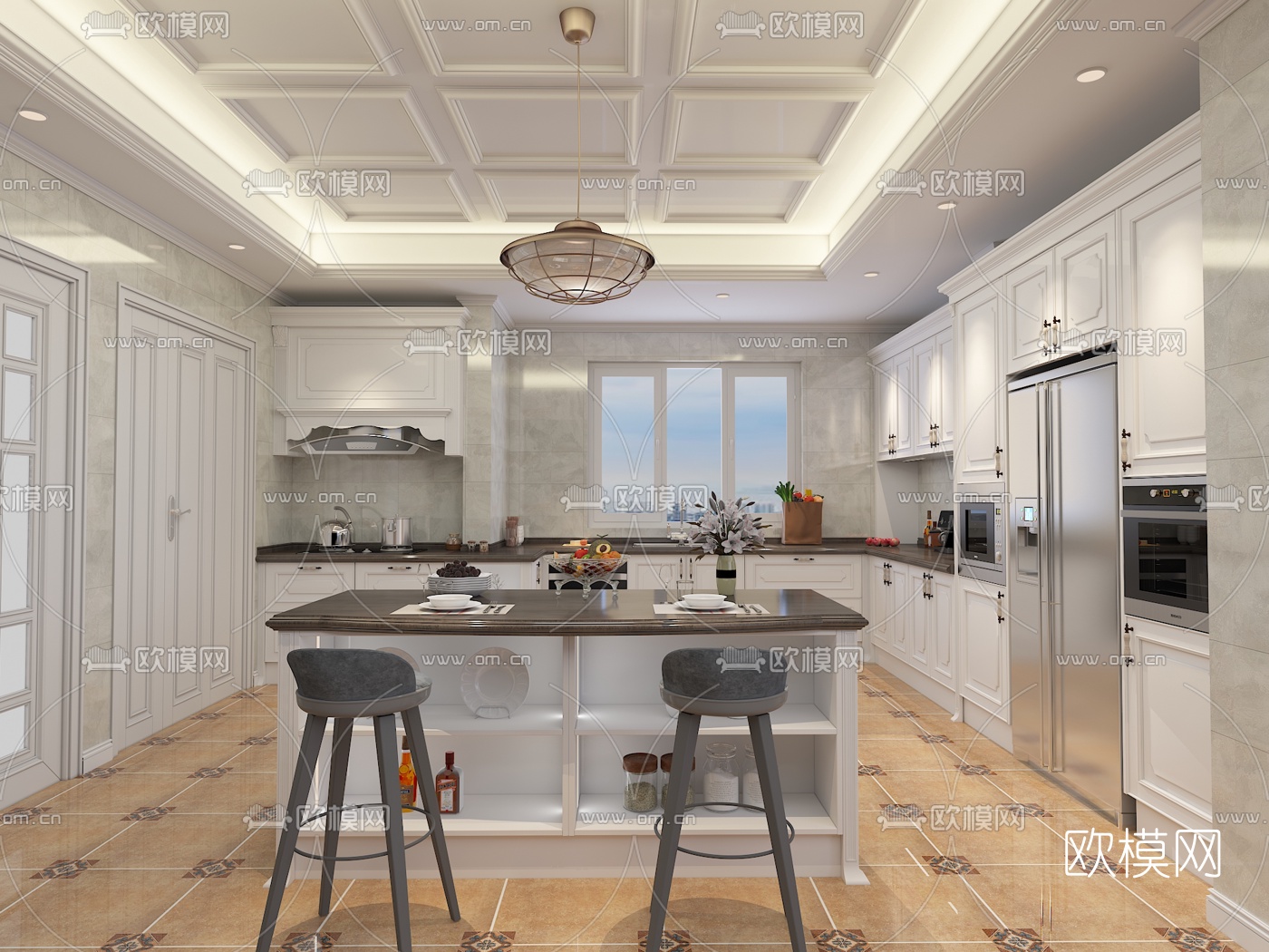 简欧中岛厨房免费3d模型下载（渲染图1）