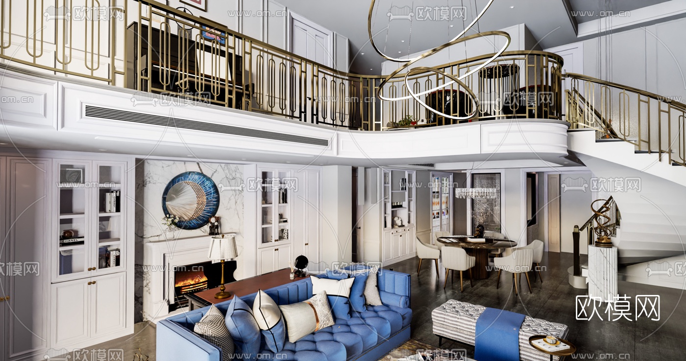 简欧跃层空间客餐厅su模型下载（渲染图2）