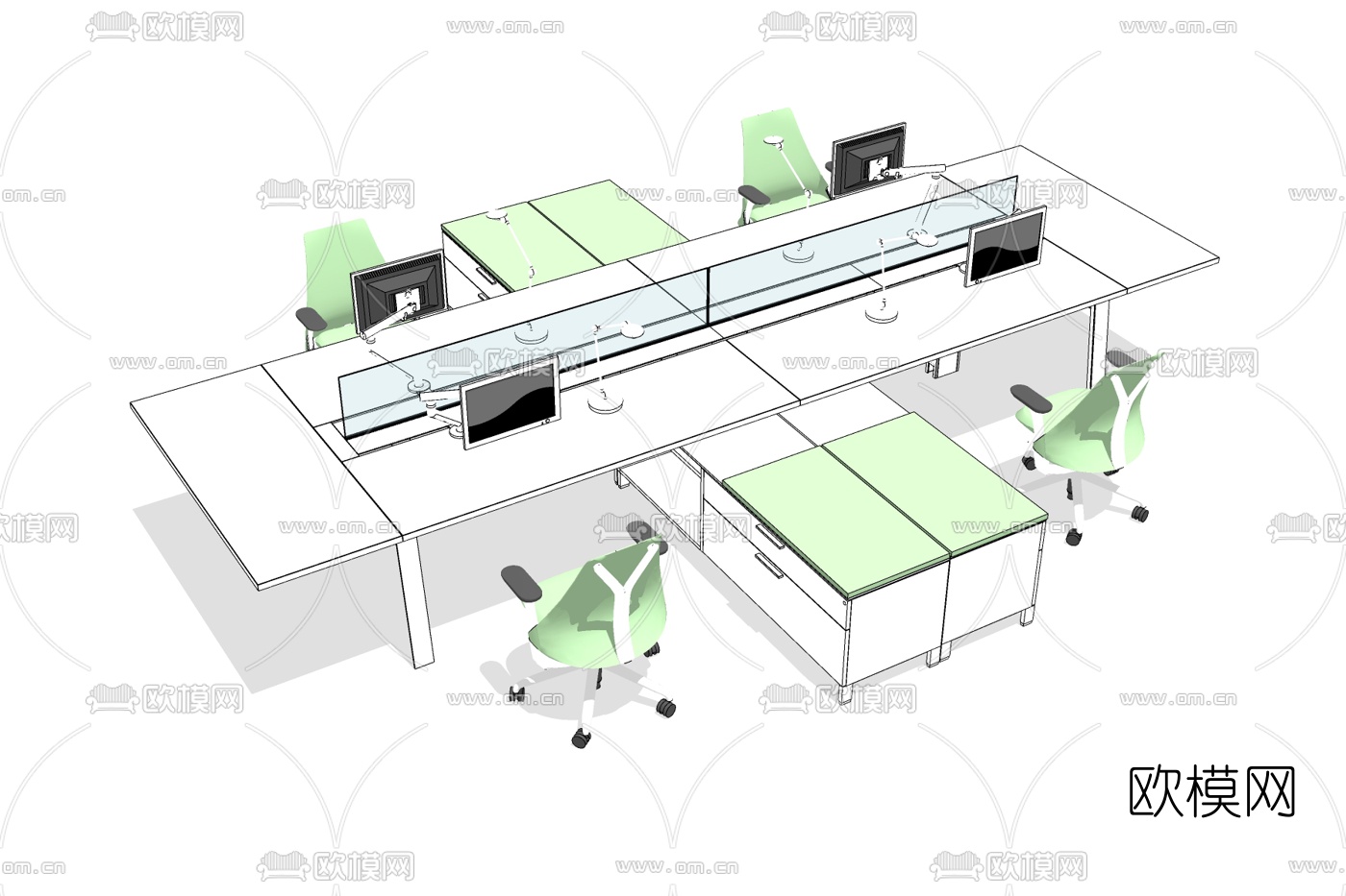 现代卡位办公桌椅免费su模型下载