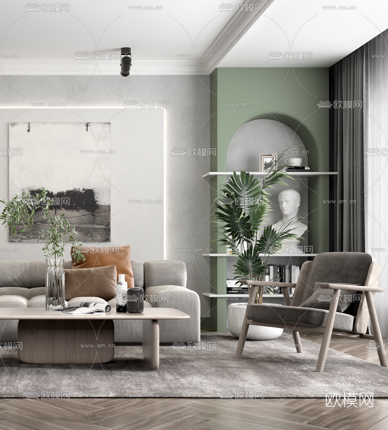 北欧布艺转角沙发组合3d模型下载（渲染图3）