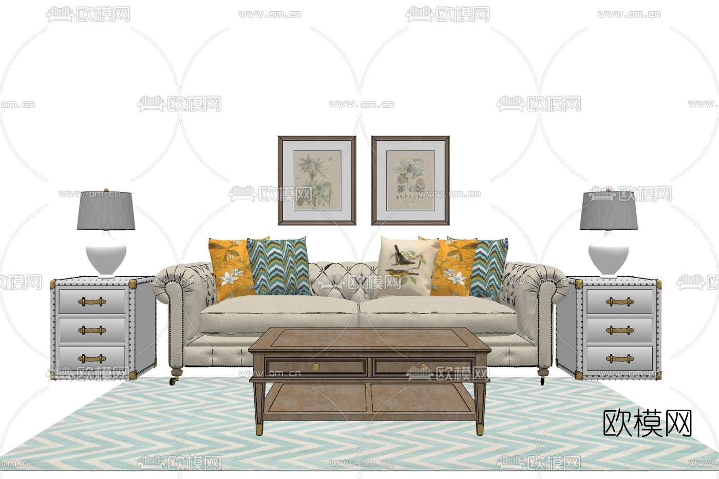 美式布艺双人沙发su模型下载