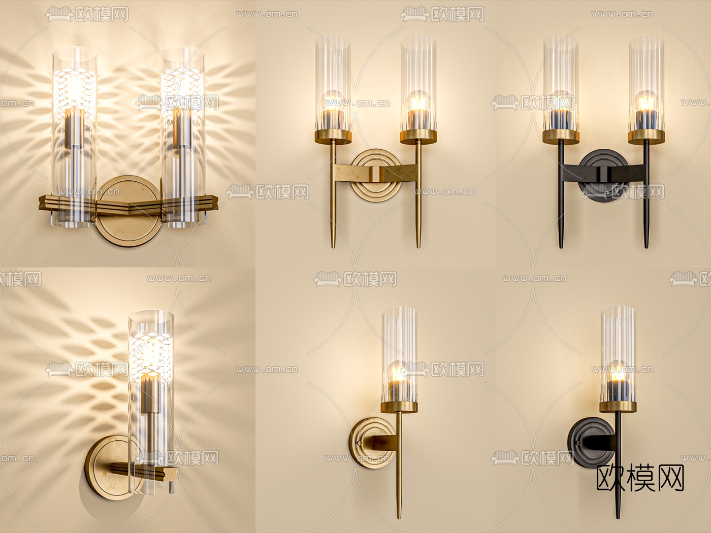 现代金属玻璃壁灯3d模型下载（渲染图1）