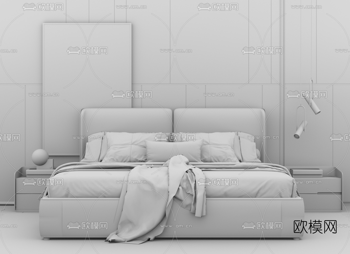 现代布艺双人床su模型下载（渲染图3）