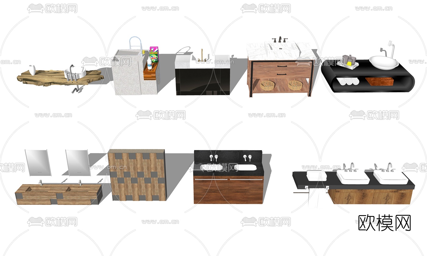 现代实木洗手台su模型下载