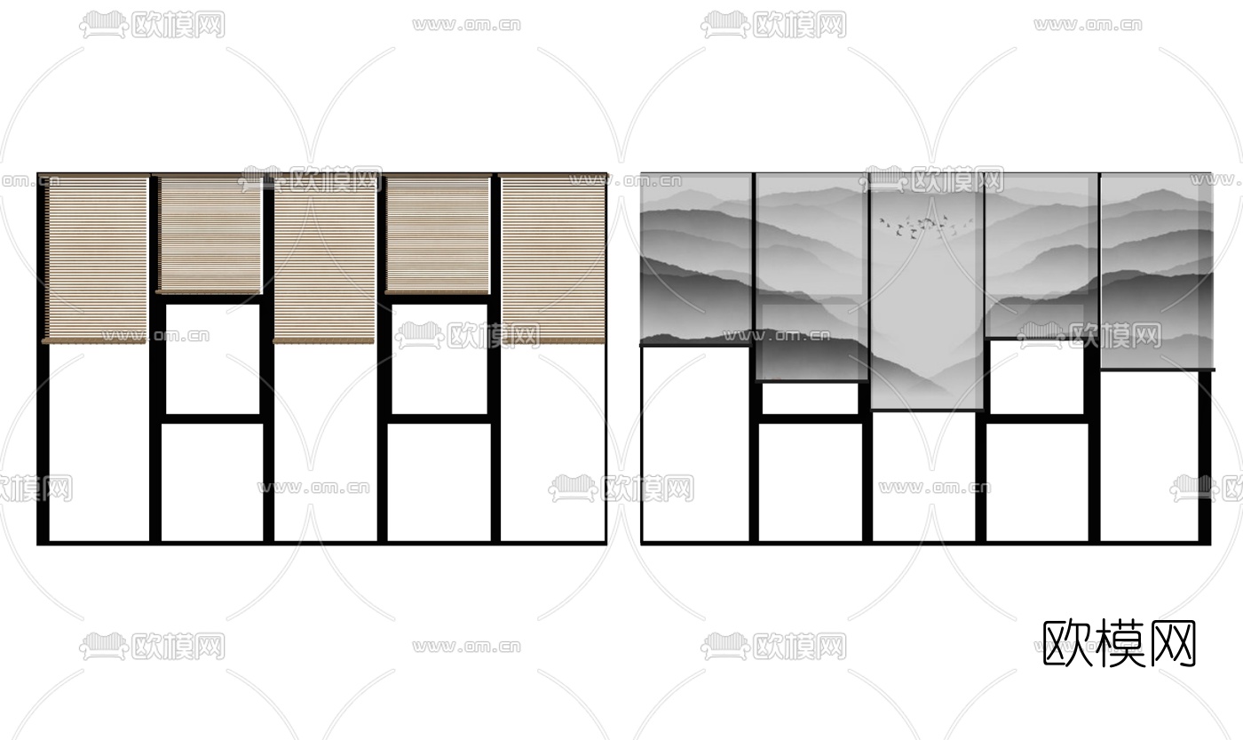 新中式竹帘百叶帘山水窗帘su模型下载