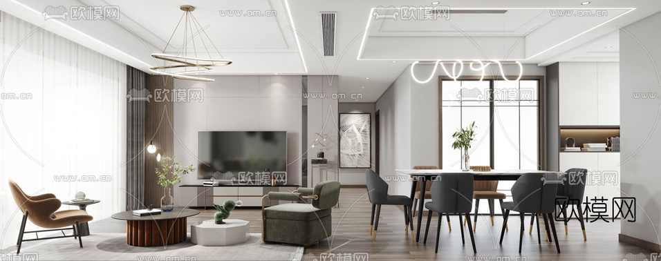 现代客厅餐厅3d模型下载(渲染图2)