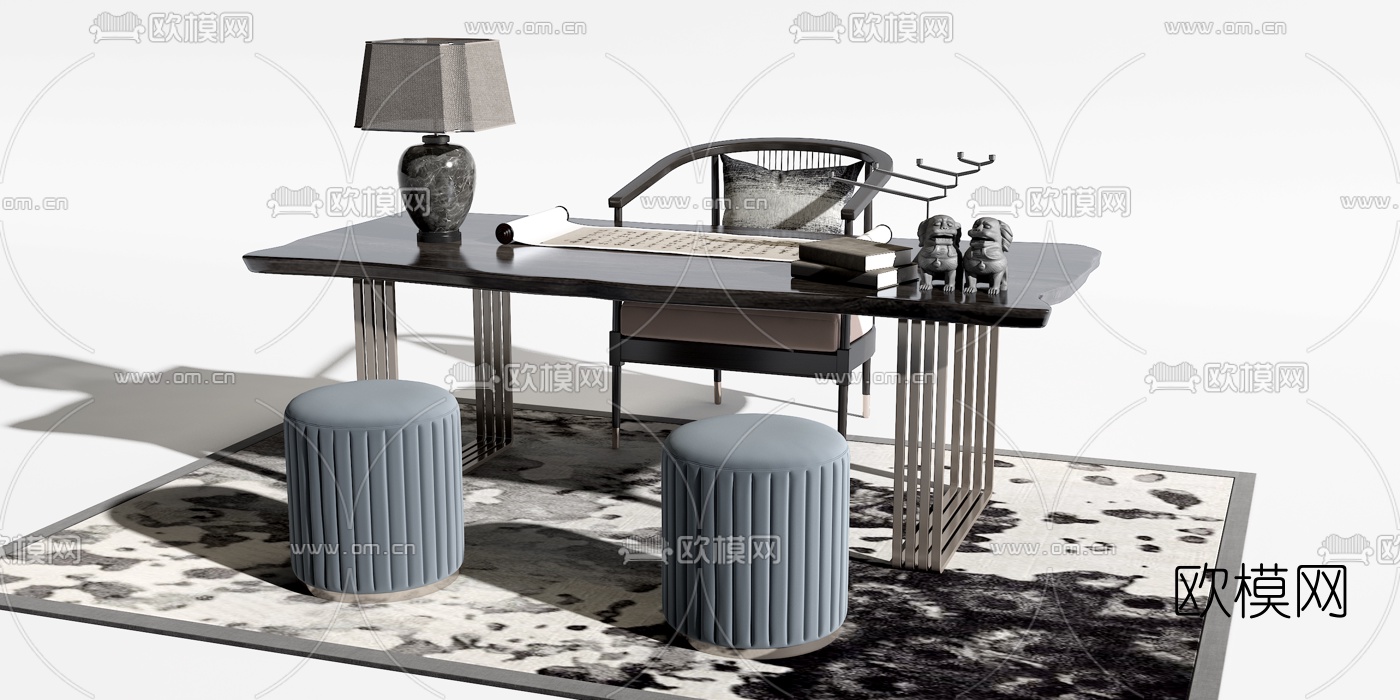 新中式书桌椅3d模型下载（渲染图3）