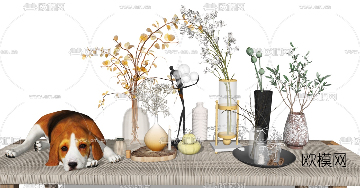 现代花瓶花卉狗摆件su模型下载（渲染图2）