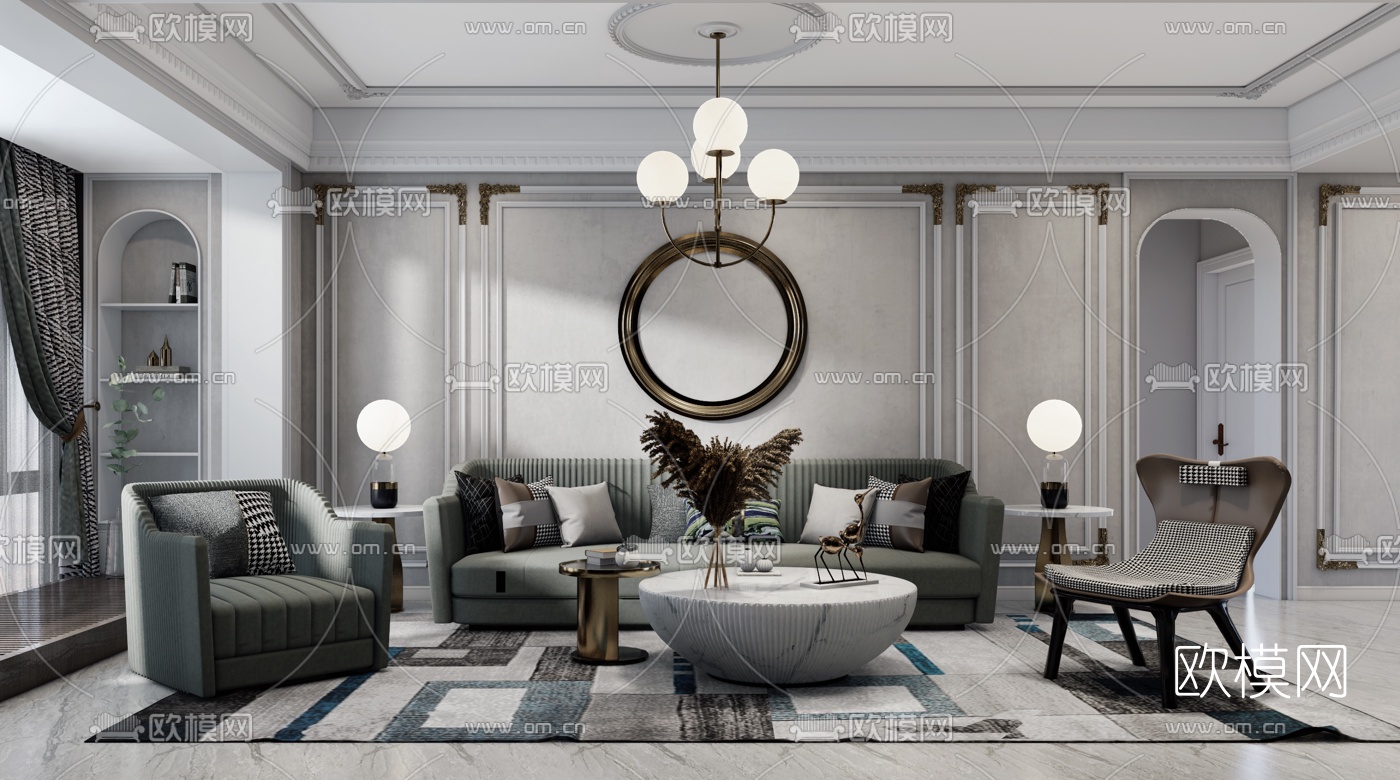 现代轻奢沙发组合su模型下载（渲染图1）