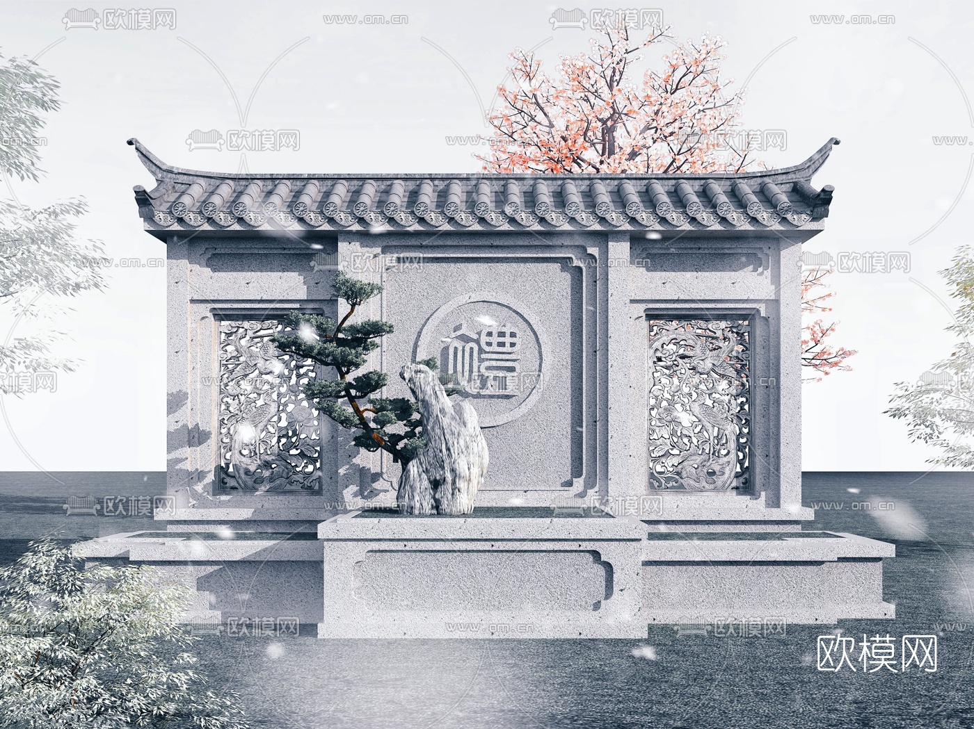 中式文化浮雕墙3d模型