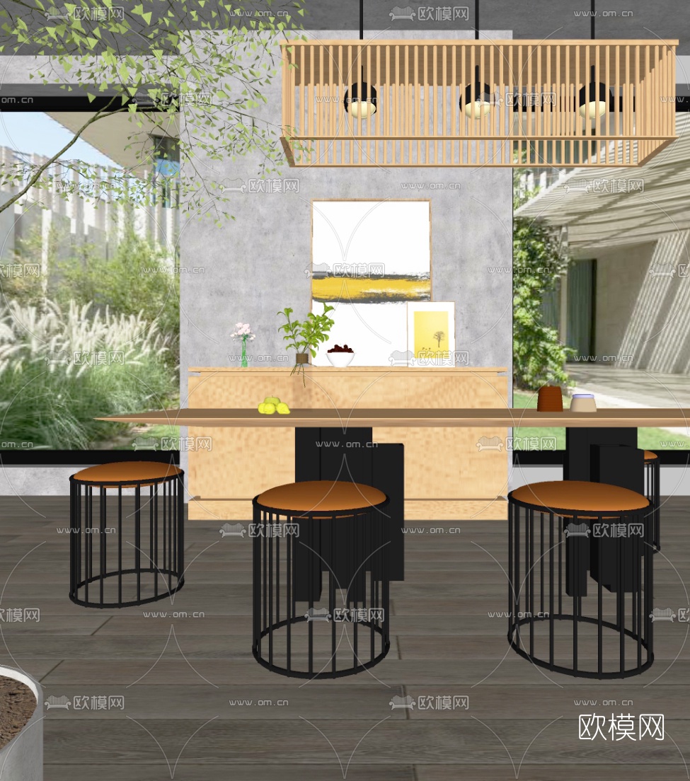 工业风原木餐桌椅su模型下载（渲染图1）