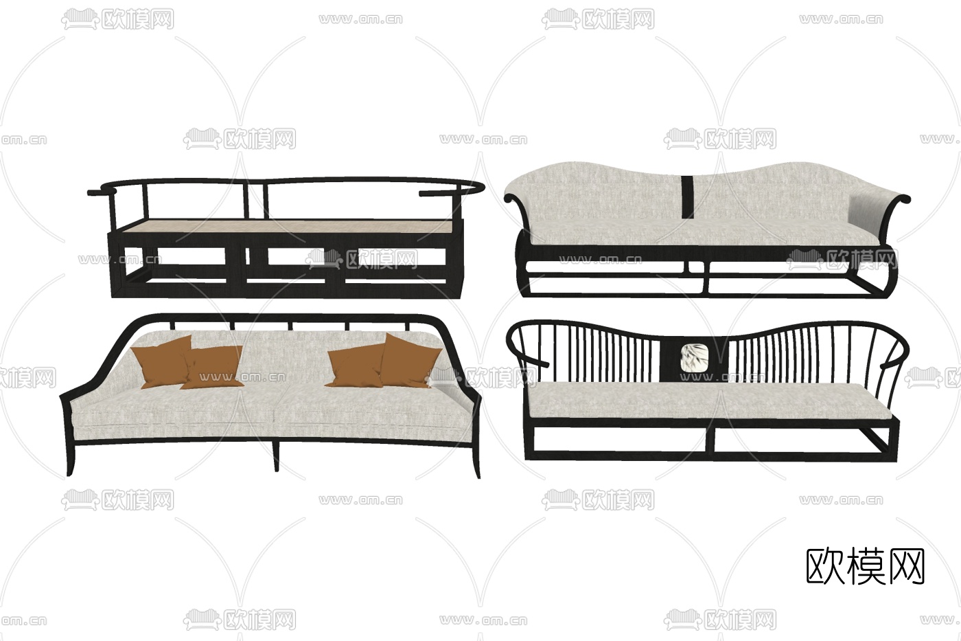 新中式布艺双人沙发su模型下载
