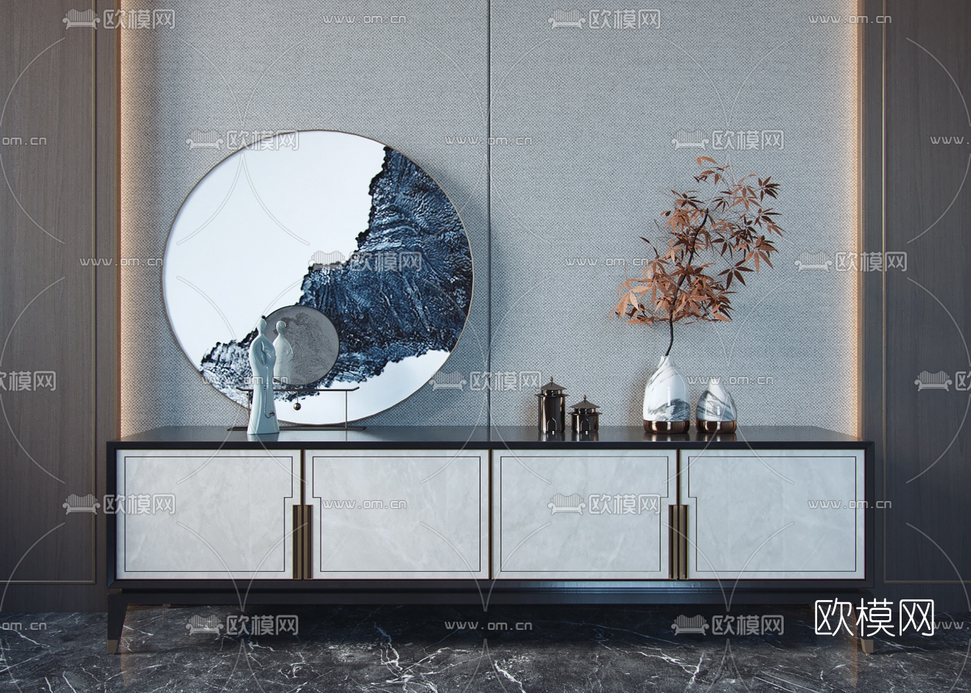 新中式轻奢电视柜3d模型下载（渲染图1）