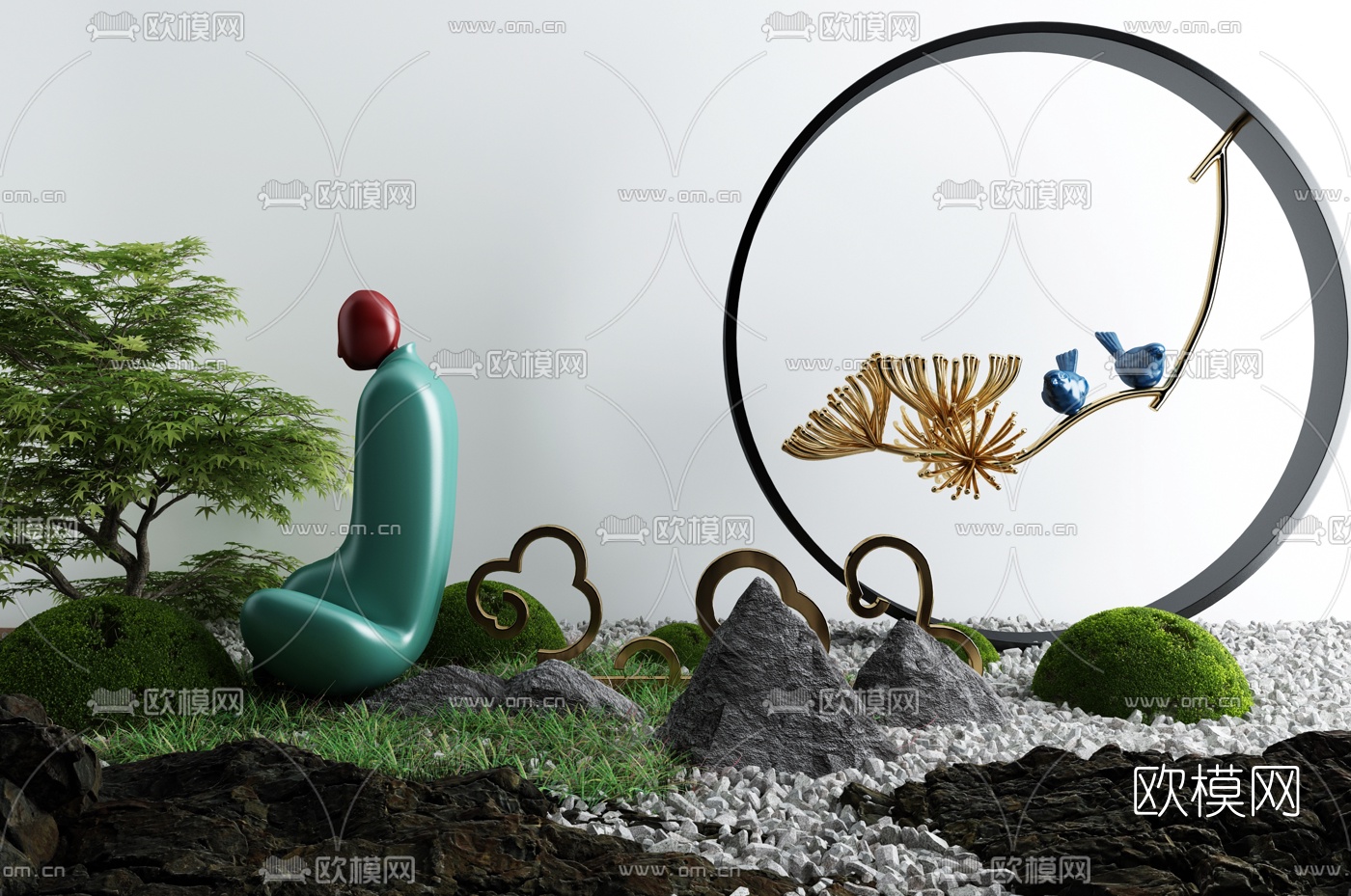 日式和尚鸟石头树草小品3d模型下载