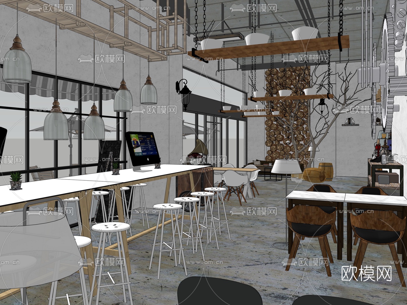 工业风咖啡厅su模型
