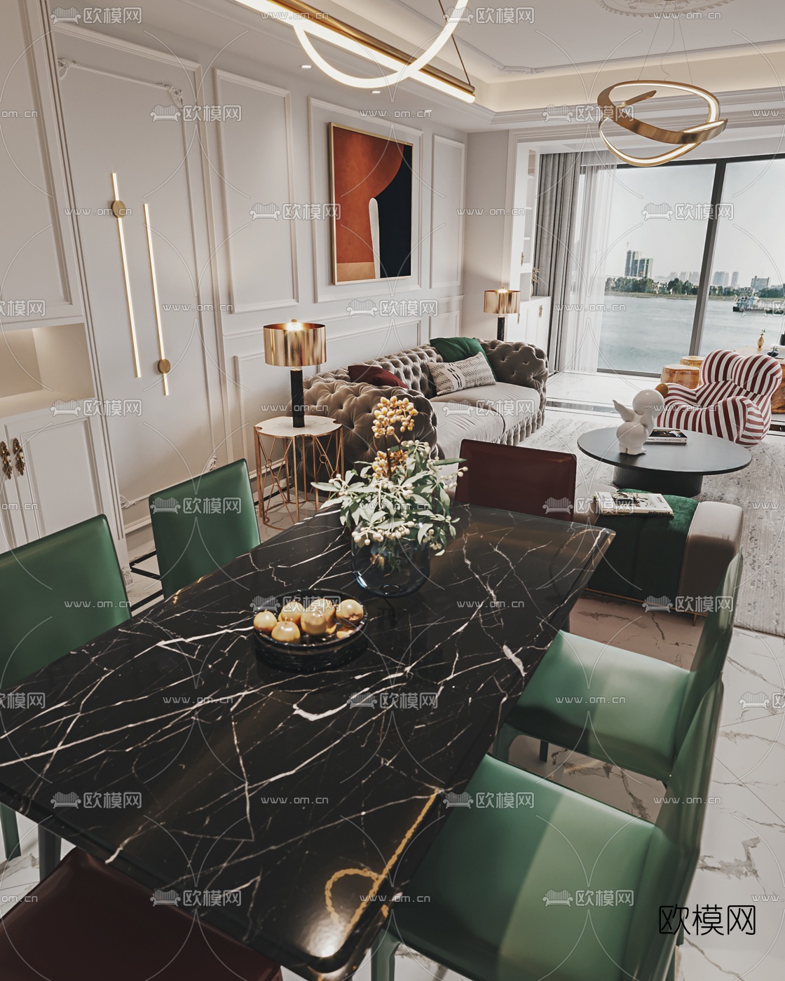 简欧轻奢客厅餐厅3d模型下载（渲染图3）