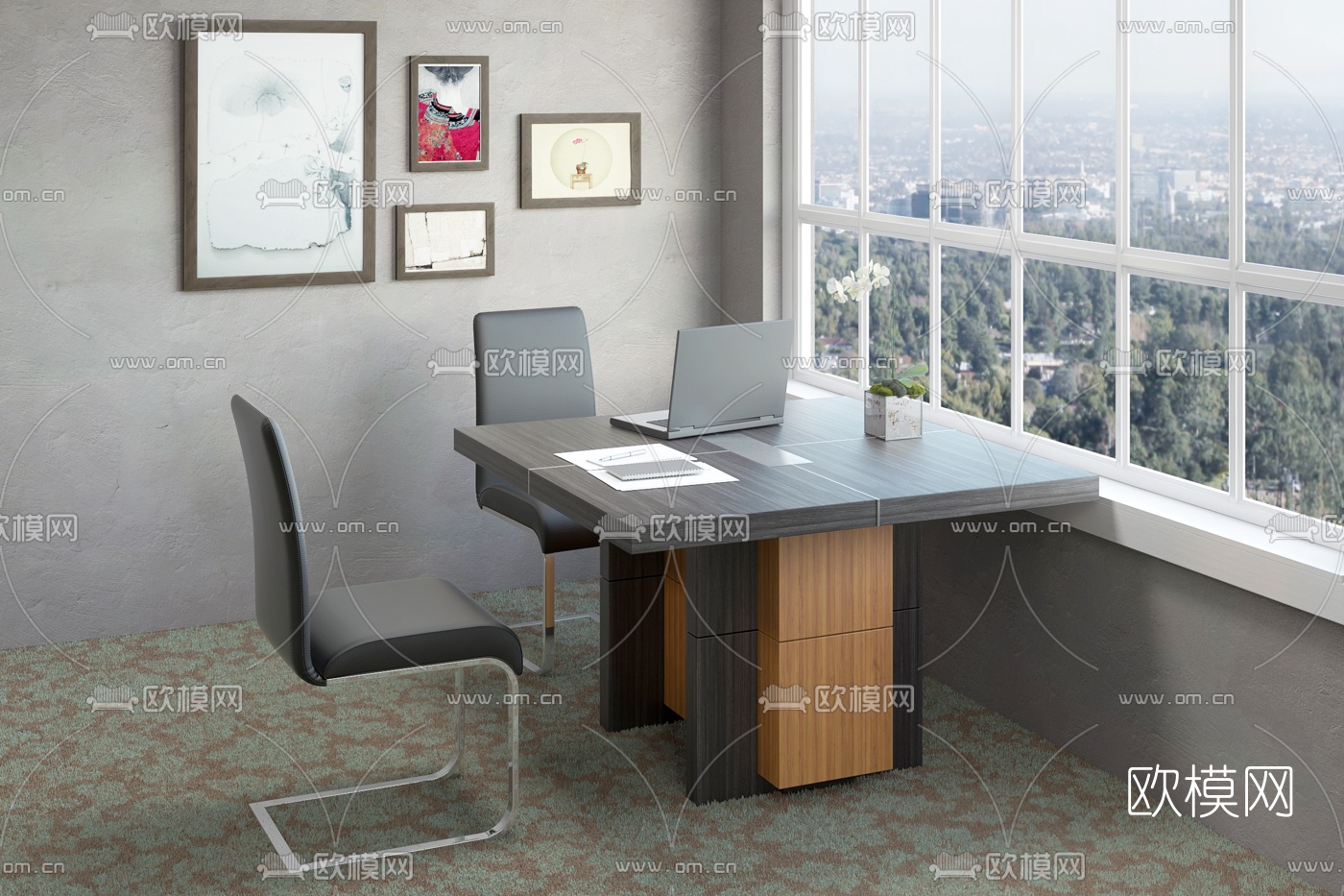 现代大班台会议桌文件柜3d模型下载（渲染图5）