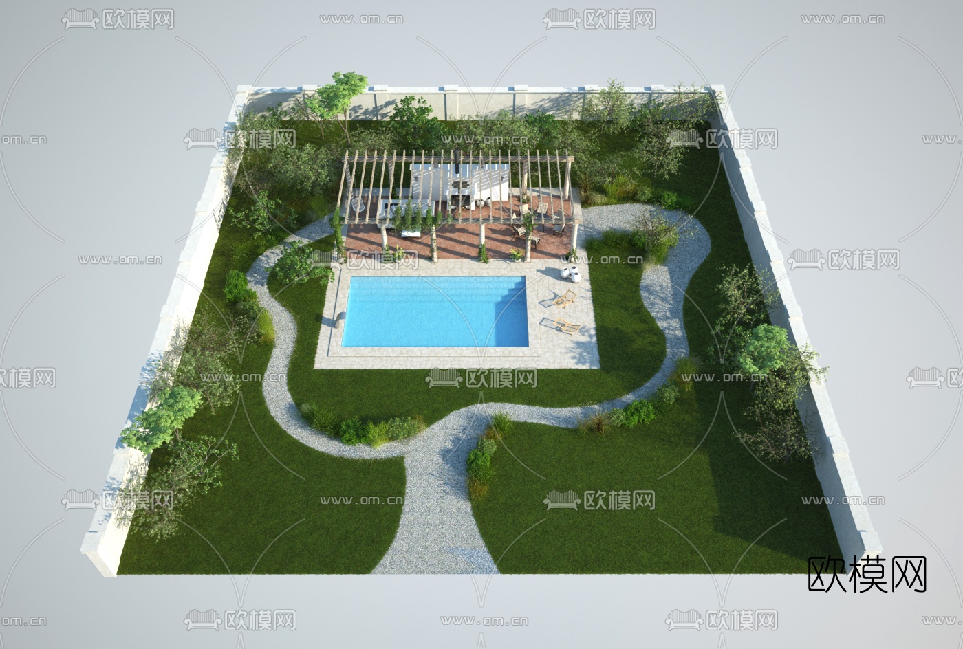 北欧庭院廊架泳池景观3d模型下载（渲染图4）