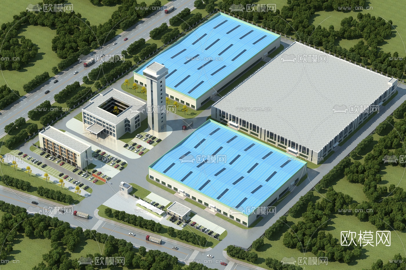 现代厂房厂区鸟瞰规划3d模型下载