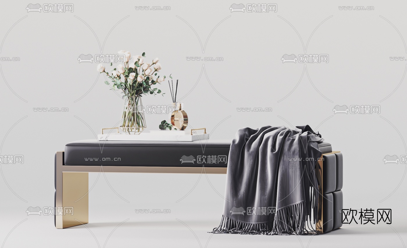 现代布艺床尾凳脚踏3d模型下载（渲染图3）