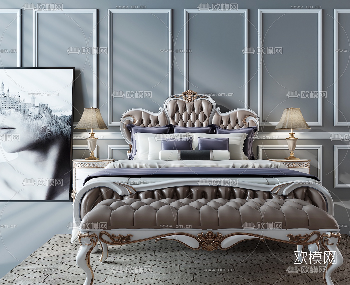 欧式皮革双人床3d模型下载