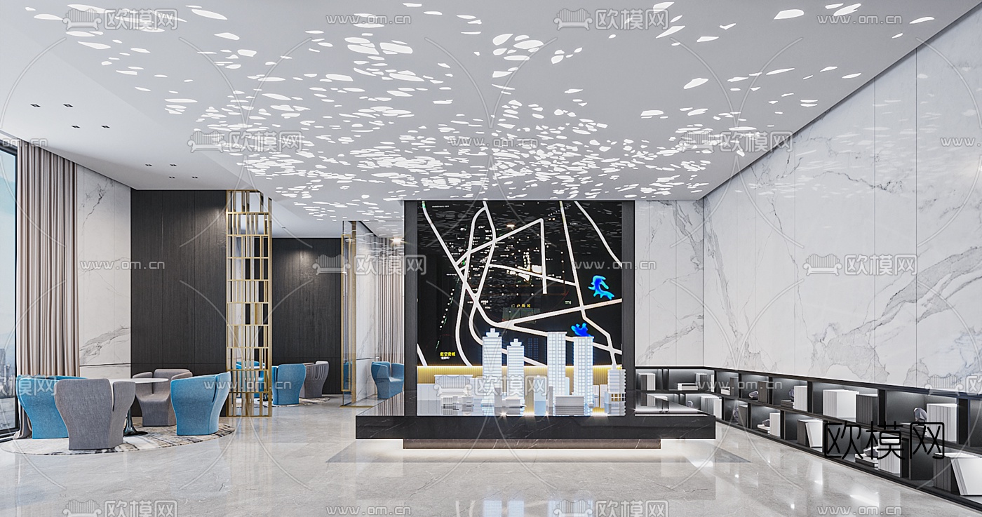 现代售楼处洽谈区3d模型下载（渲染图1）