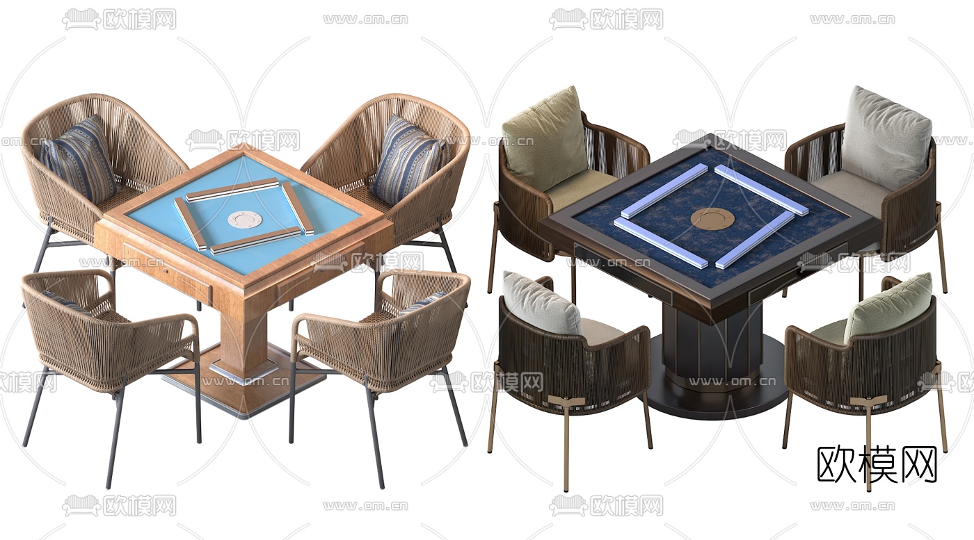 现代藤编麻将桌椅3d模型下载