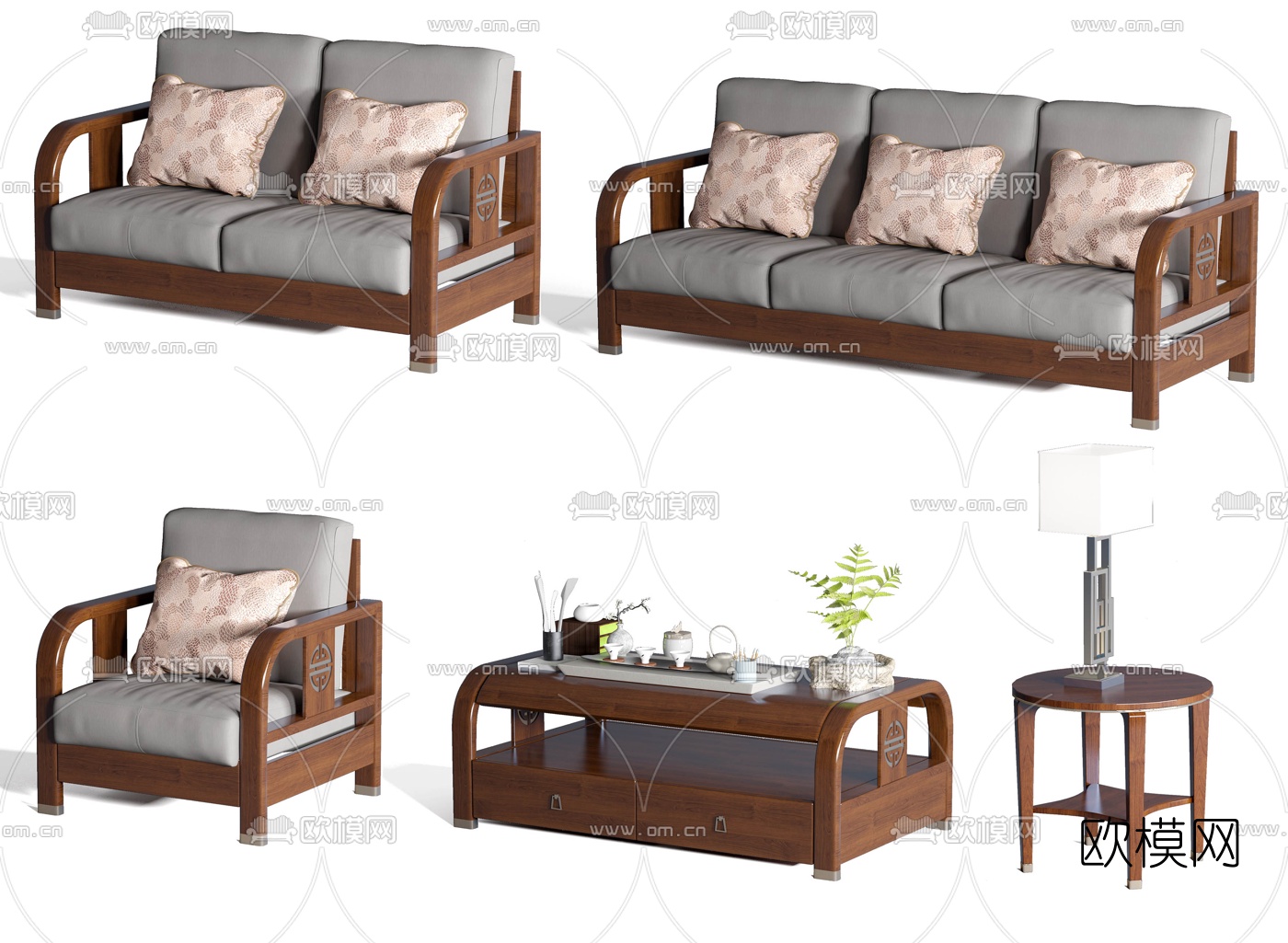 新中式实木茶几多人沙发3d模型下载