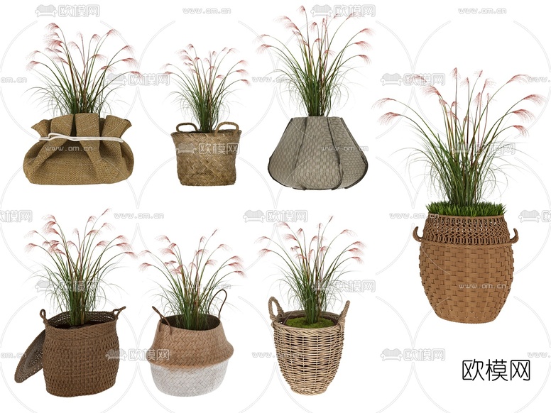 北欧藤编芦苇植物盆栽3d模型下载