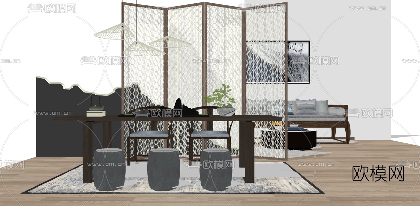 新中式实木茶桌椅su模型下载