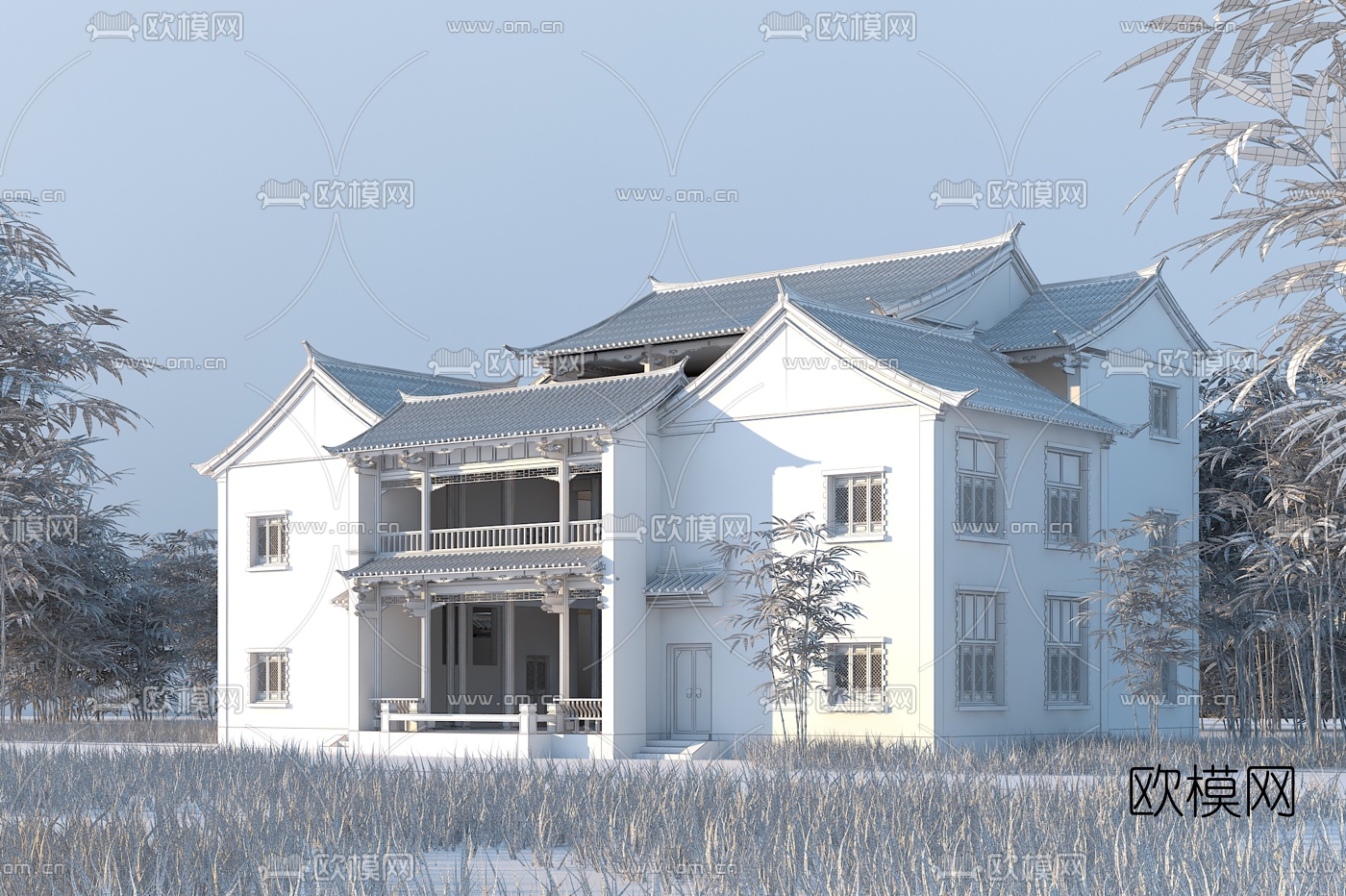 中式古建别墅外观3d模型下载（渲染图2）