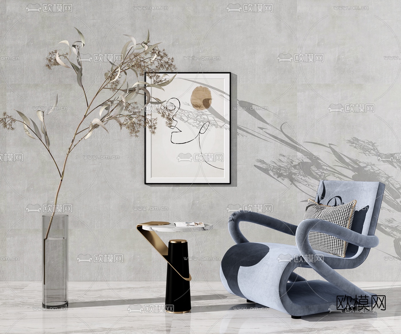 现代绒布休闲椅边几3d模型