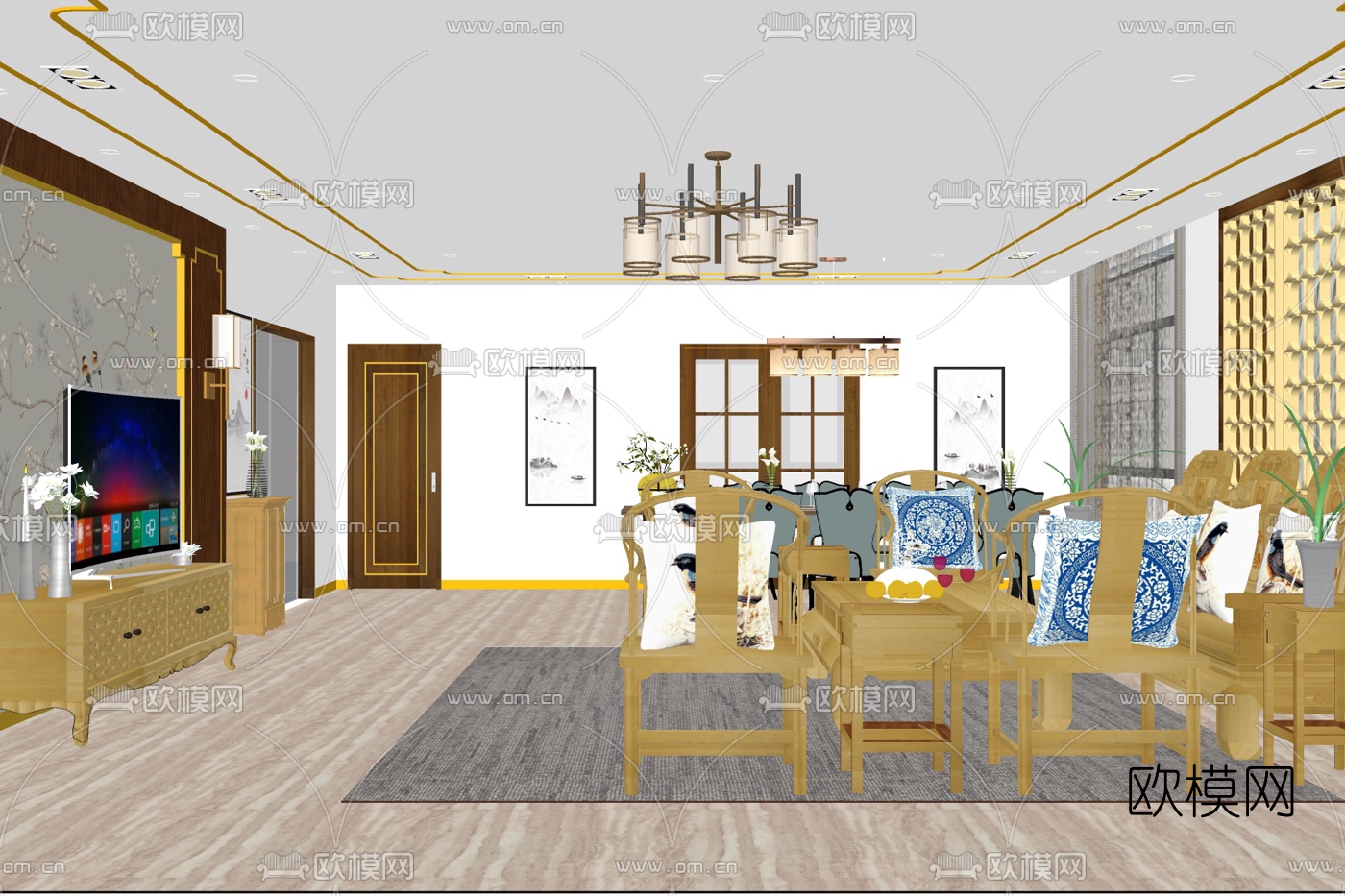 新中式客厅免费su模型下载