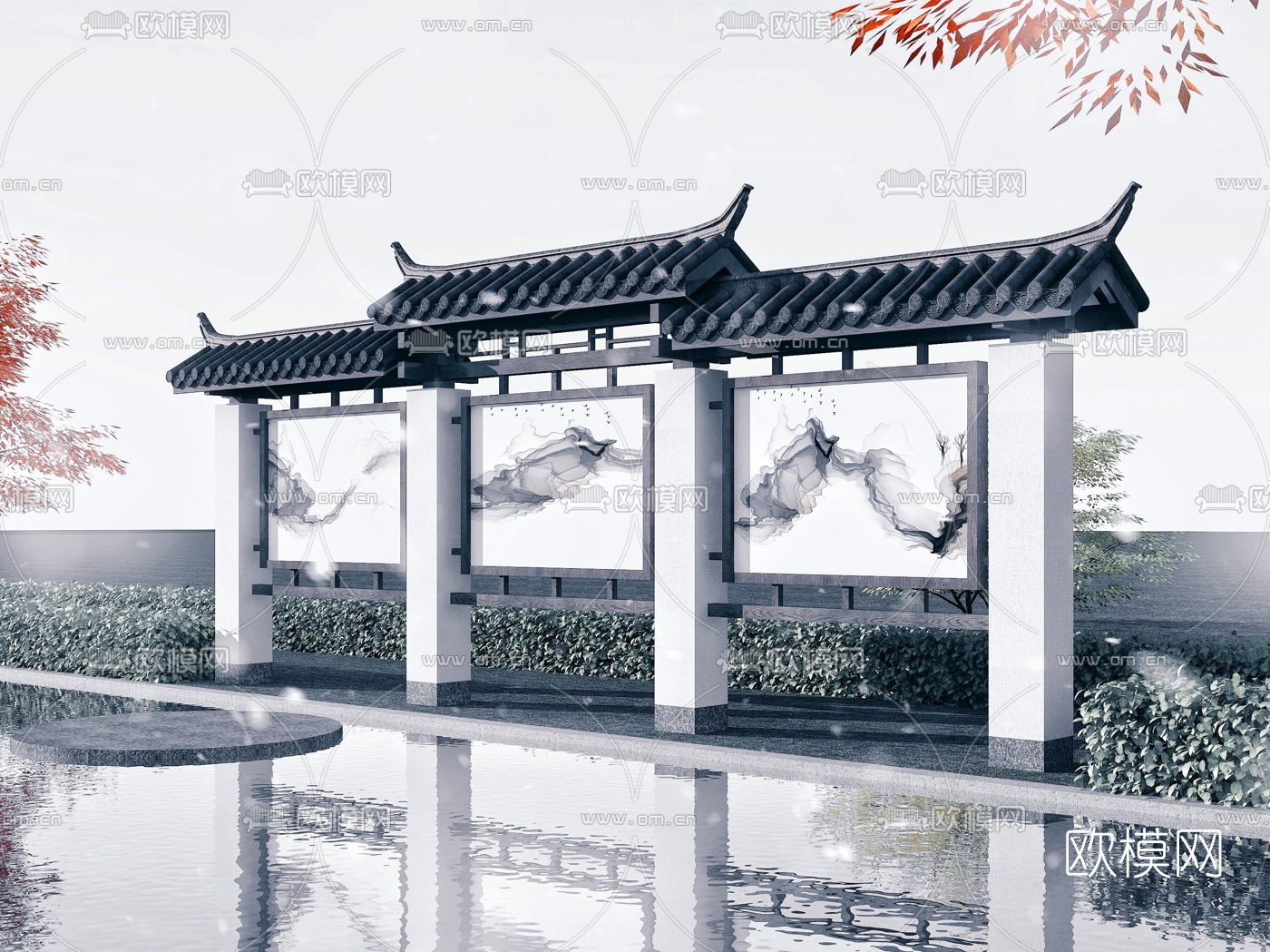 新中式屋檐广告宣传栏3d模型