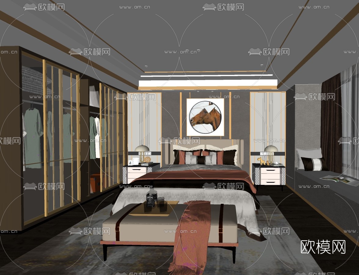 新中式轻奢卧室su模型下载