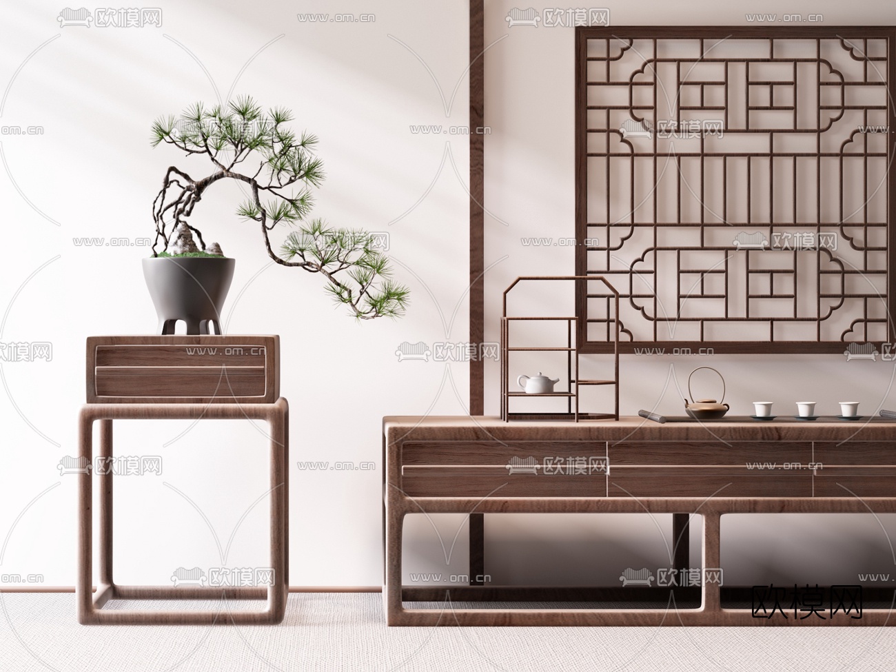 新中式电视柜花架3d模型下载