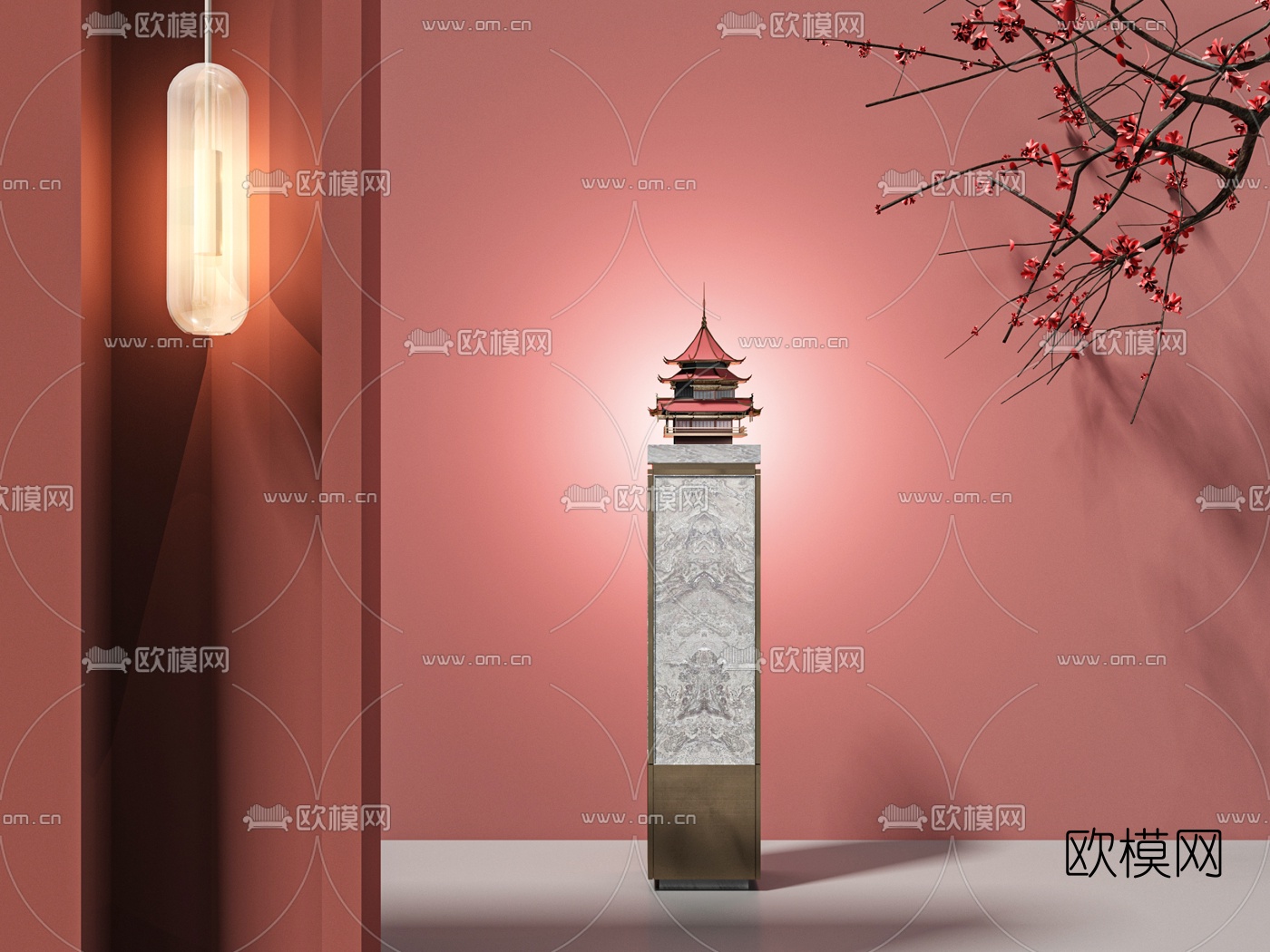 新中式古建筑雕塑摆件3d模型