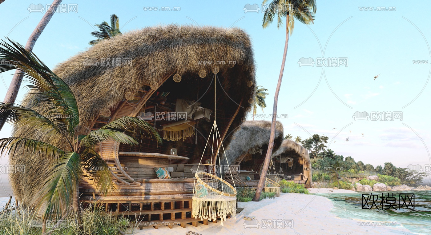 东南亚海边小屋su模型下载（渲染图2）