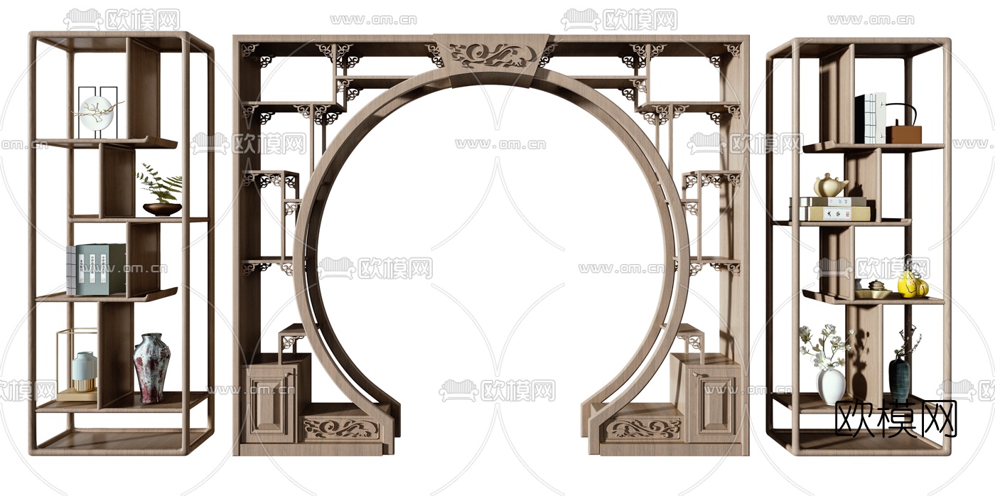 新中式实木月亮门博古架3d模型