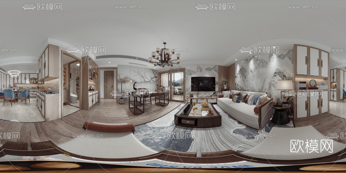 新中式客餐厅厨房vr全景3d模型