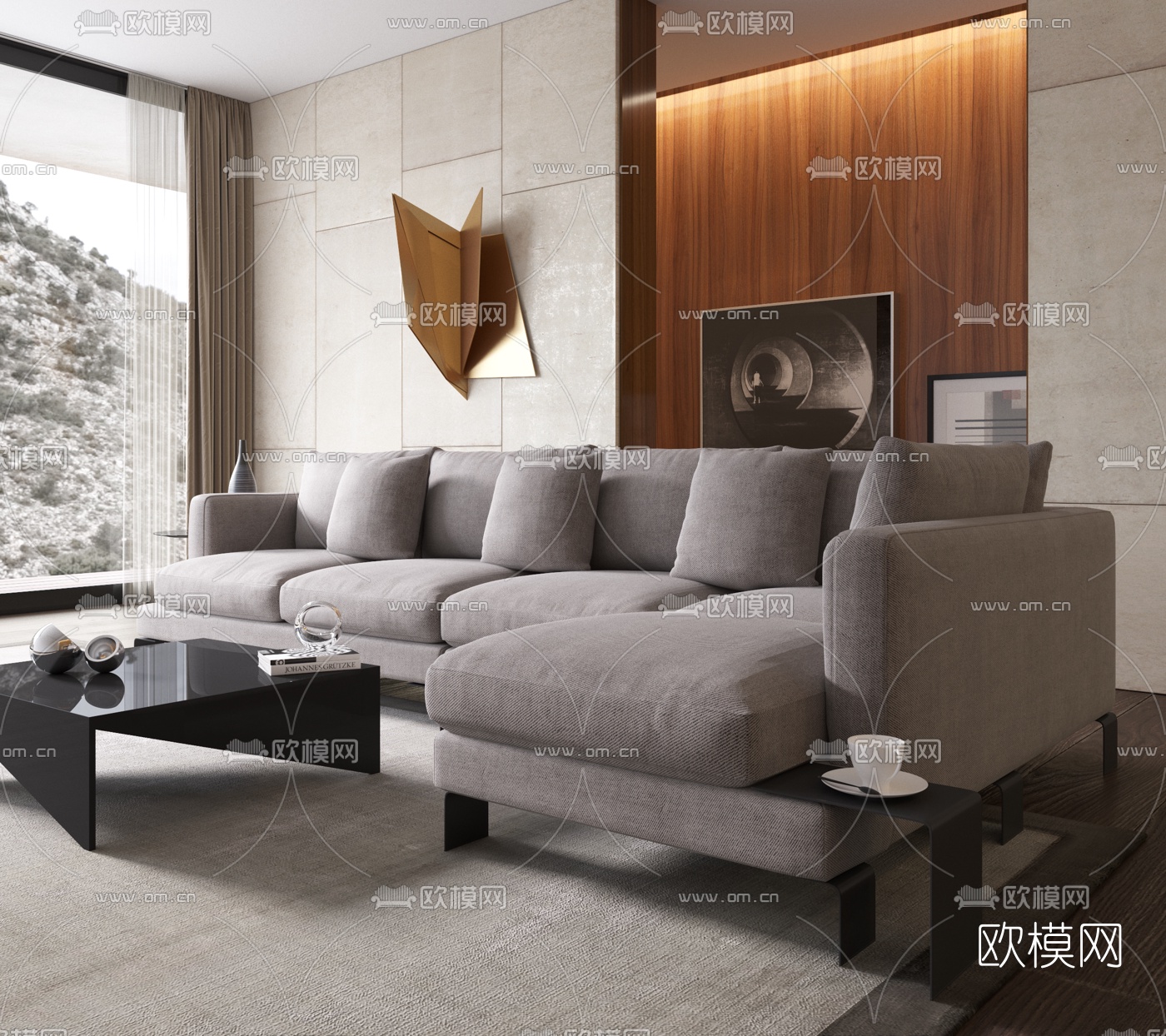 现代布艺转角沙发组合3d模型-免费3dmax模型库-欧模网