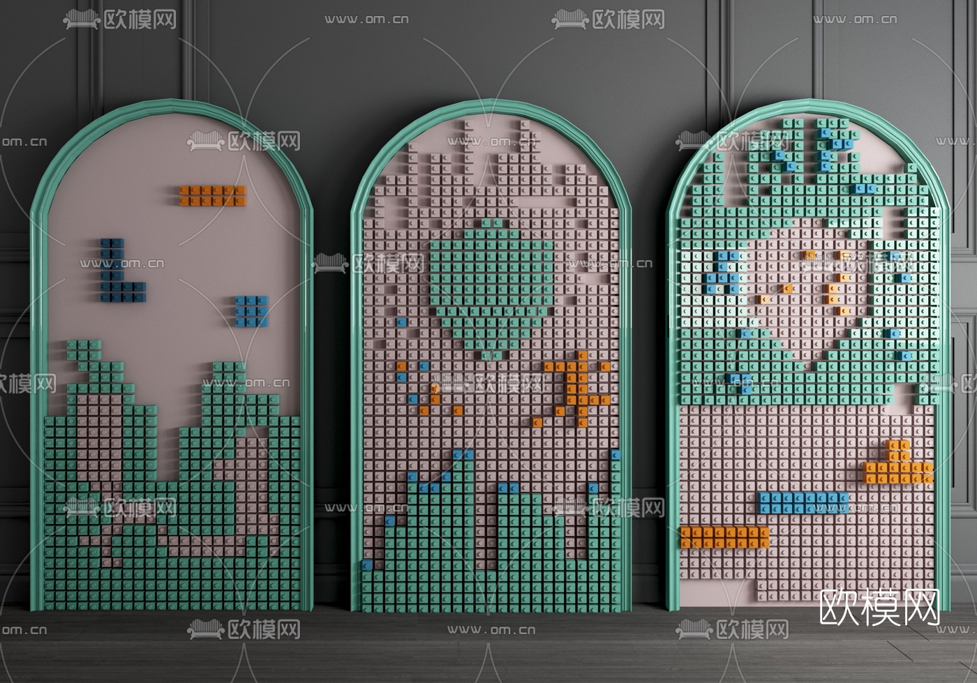 现代儿童积木墙玩具组合3d模型
