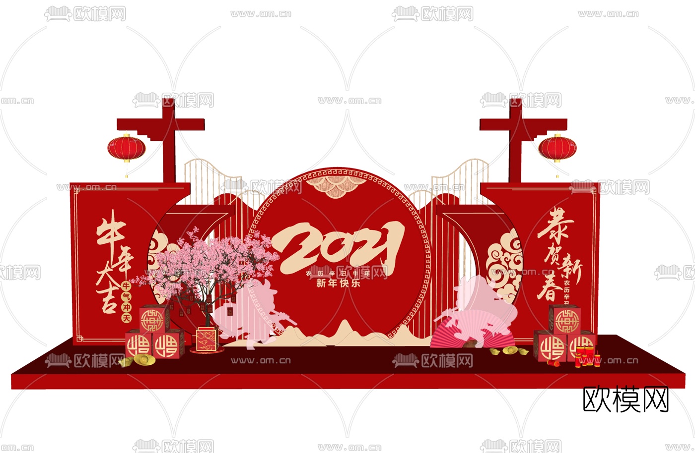 现代新年展示区橱窗合影区节日美陈su模型下载