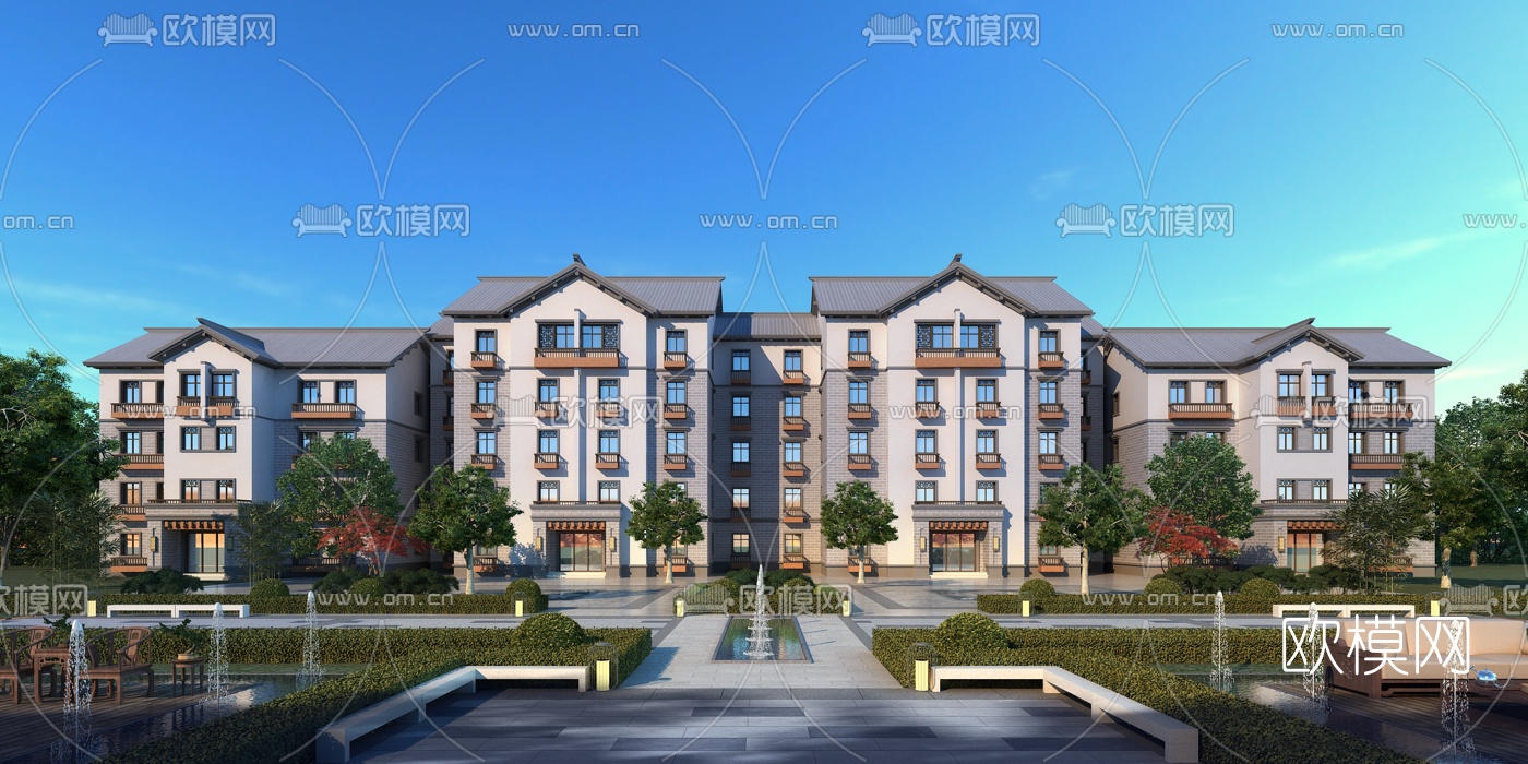 新中式多层公寓楼外观3d模型下载