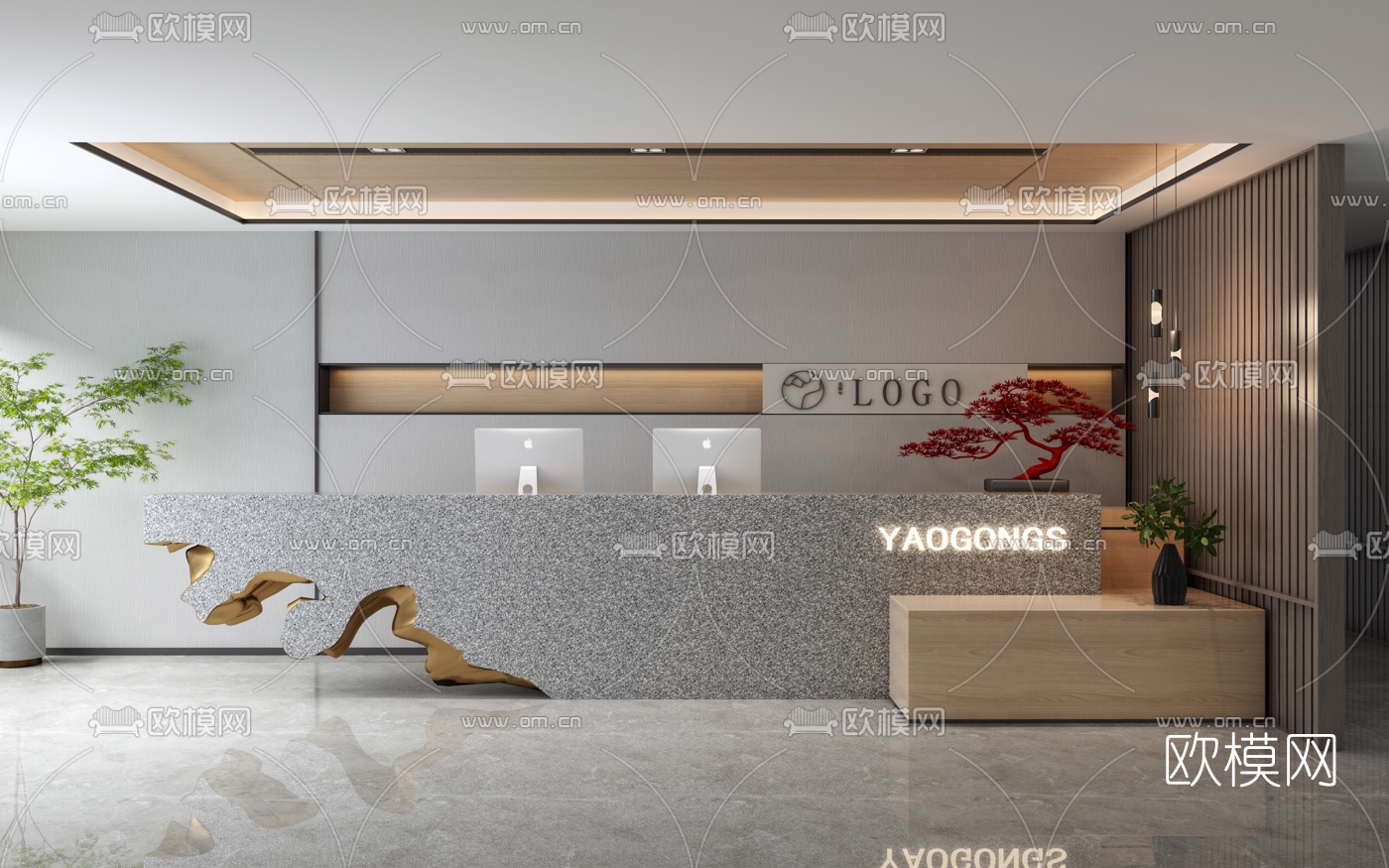 新中式办公大堂前台3d模型