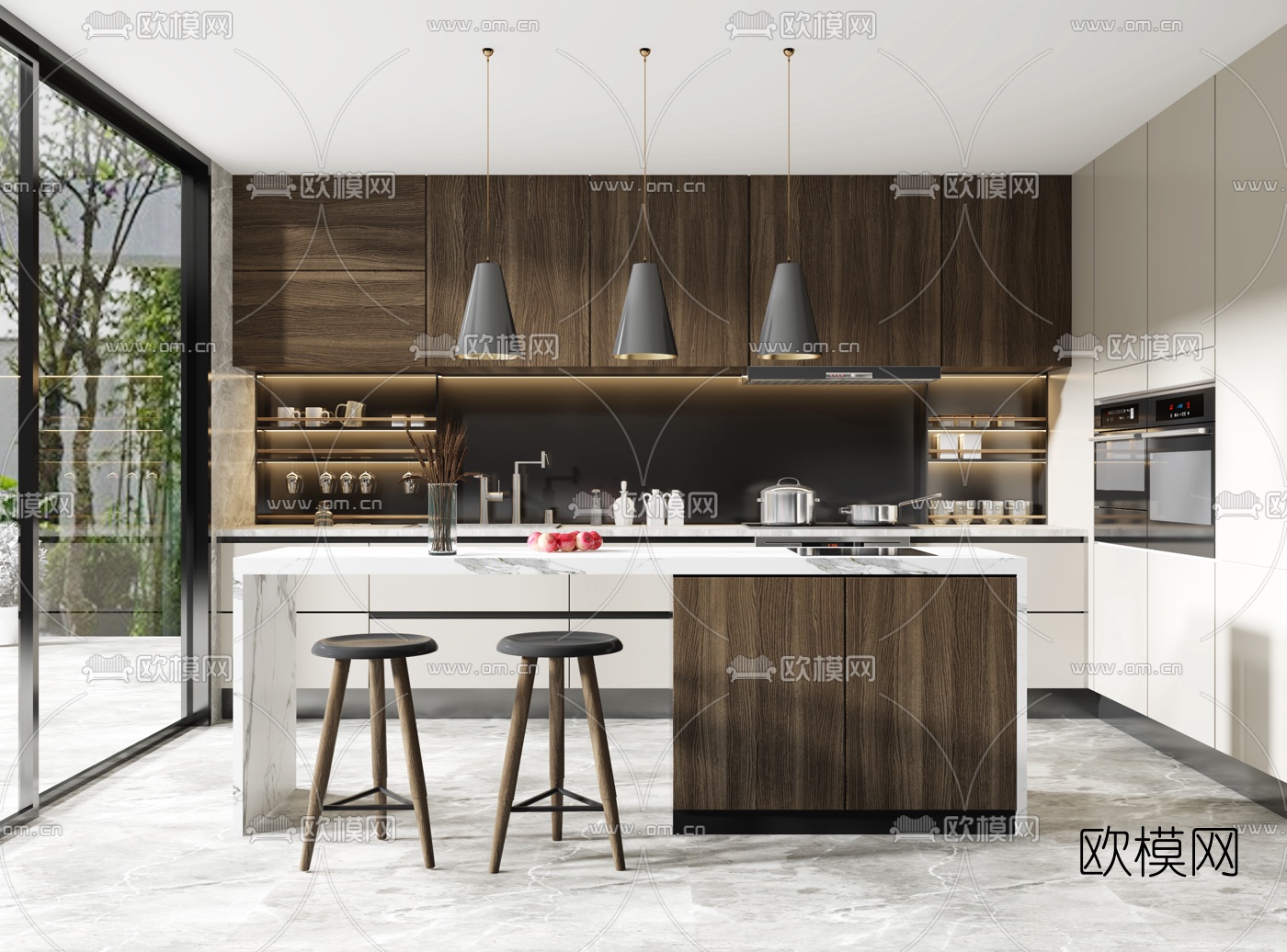 现代开放式厨房su模型下载（渲染图1）