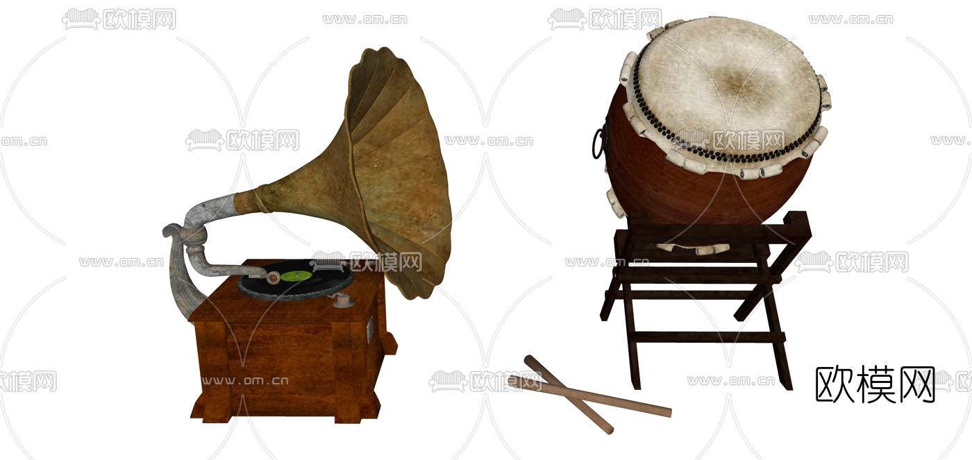 欧式留声机与鼓su模型下载（渲染图1）