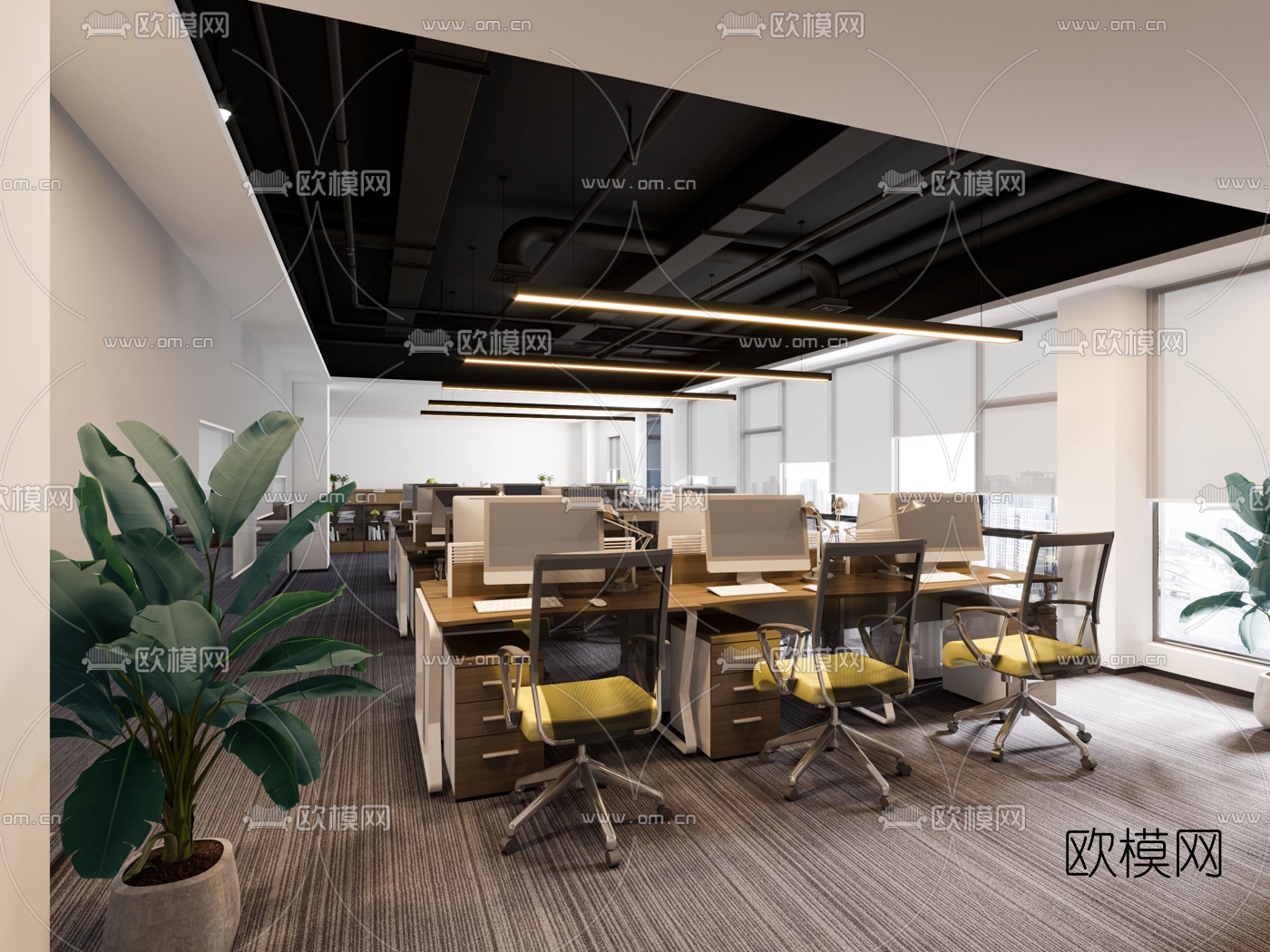 现代敞开式办公室3d模型下载（渲染图2）