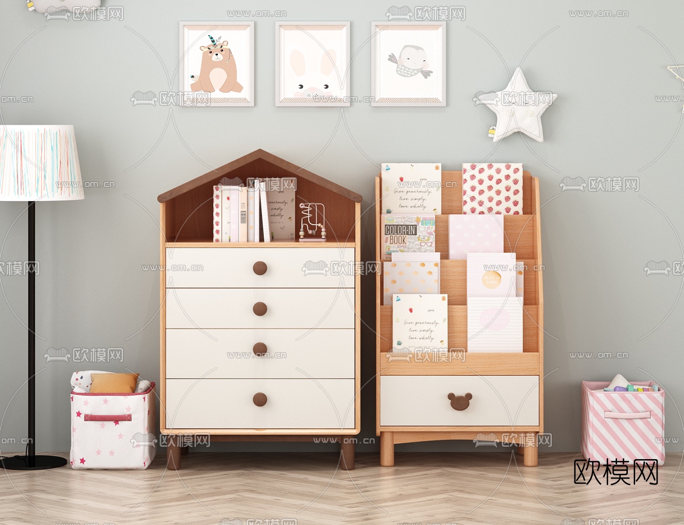 北欧儿童书柜收纳柜3d模型下载（渲染图1）