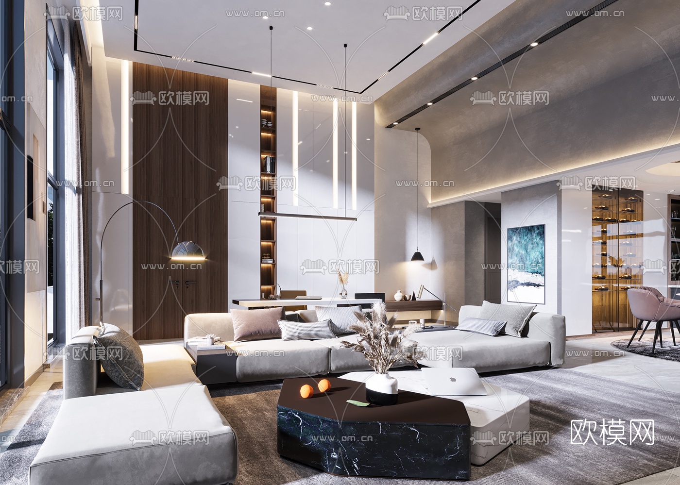 现代轻奢别墅客厅餐厅3d模型